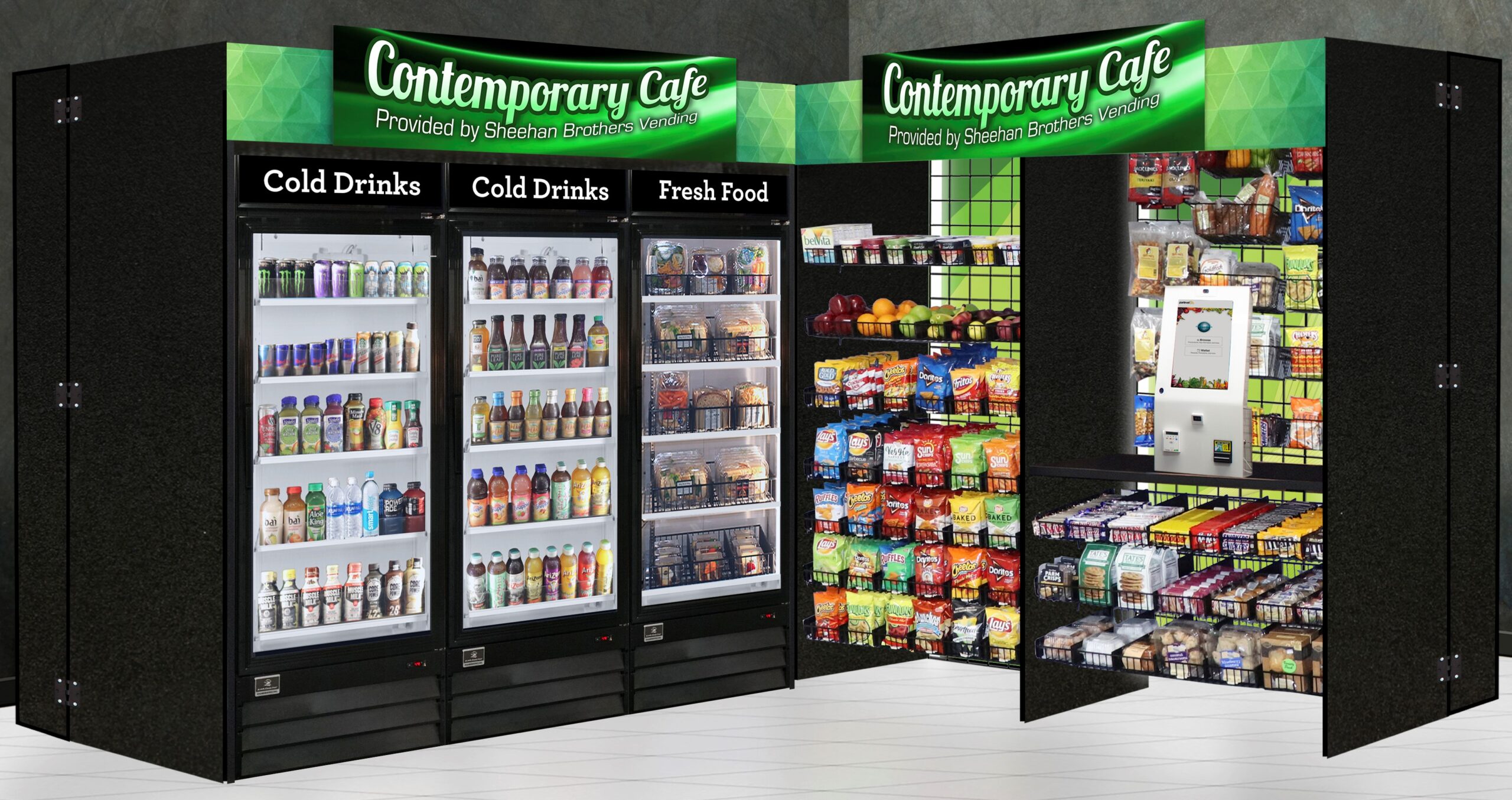 Contemporary Cafe Image, shows beverages and snacks in Sheehan Branding